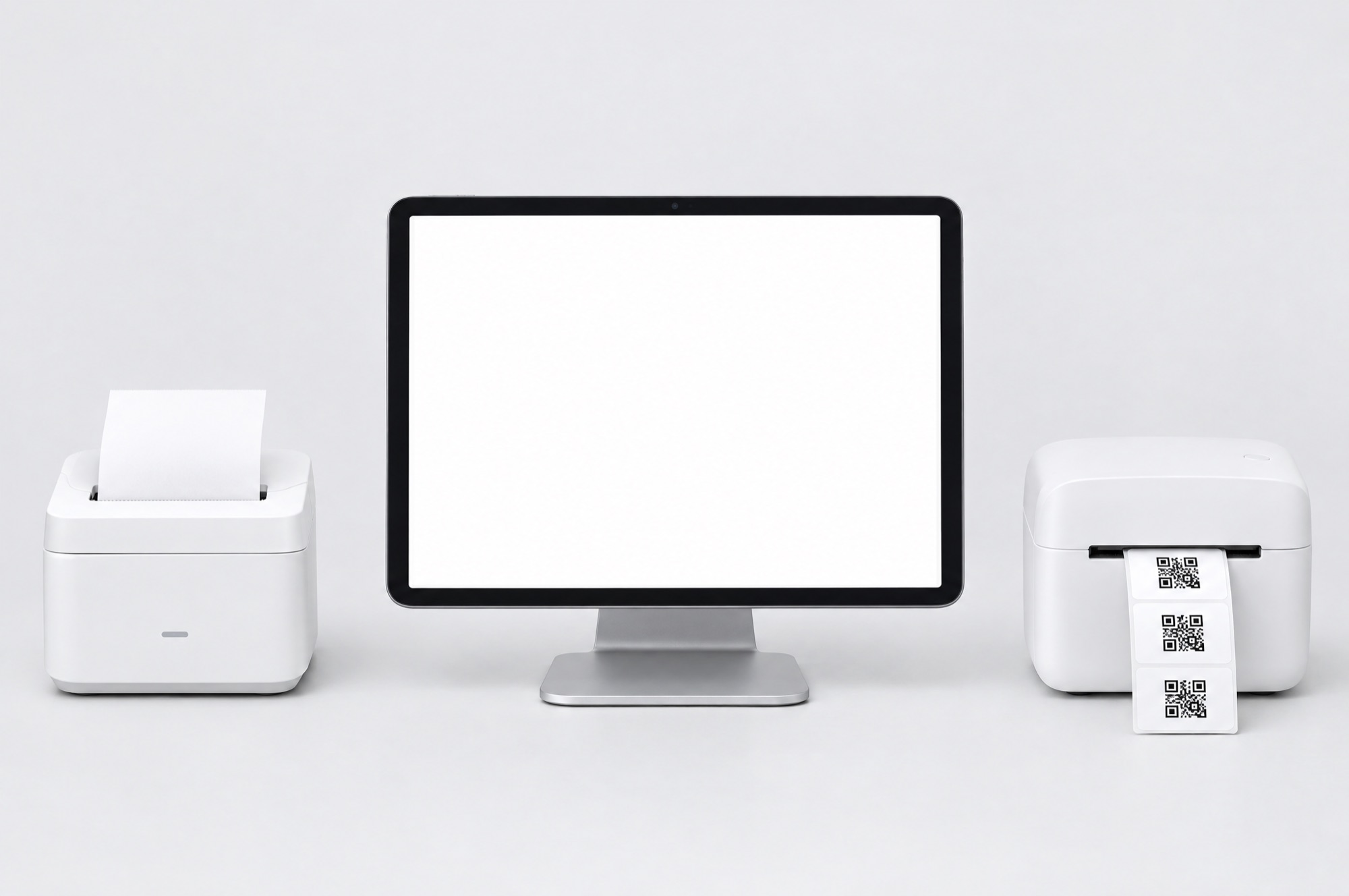 A tablet on a stand running LaundryOS, with a receipt printer and a QR sticker printer