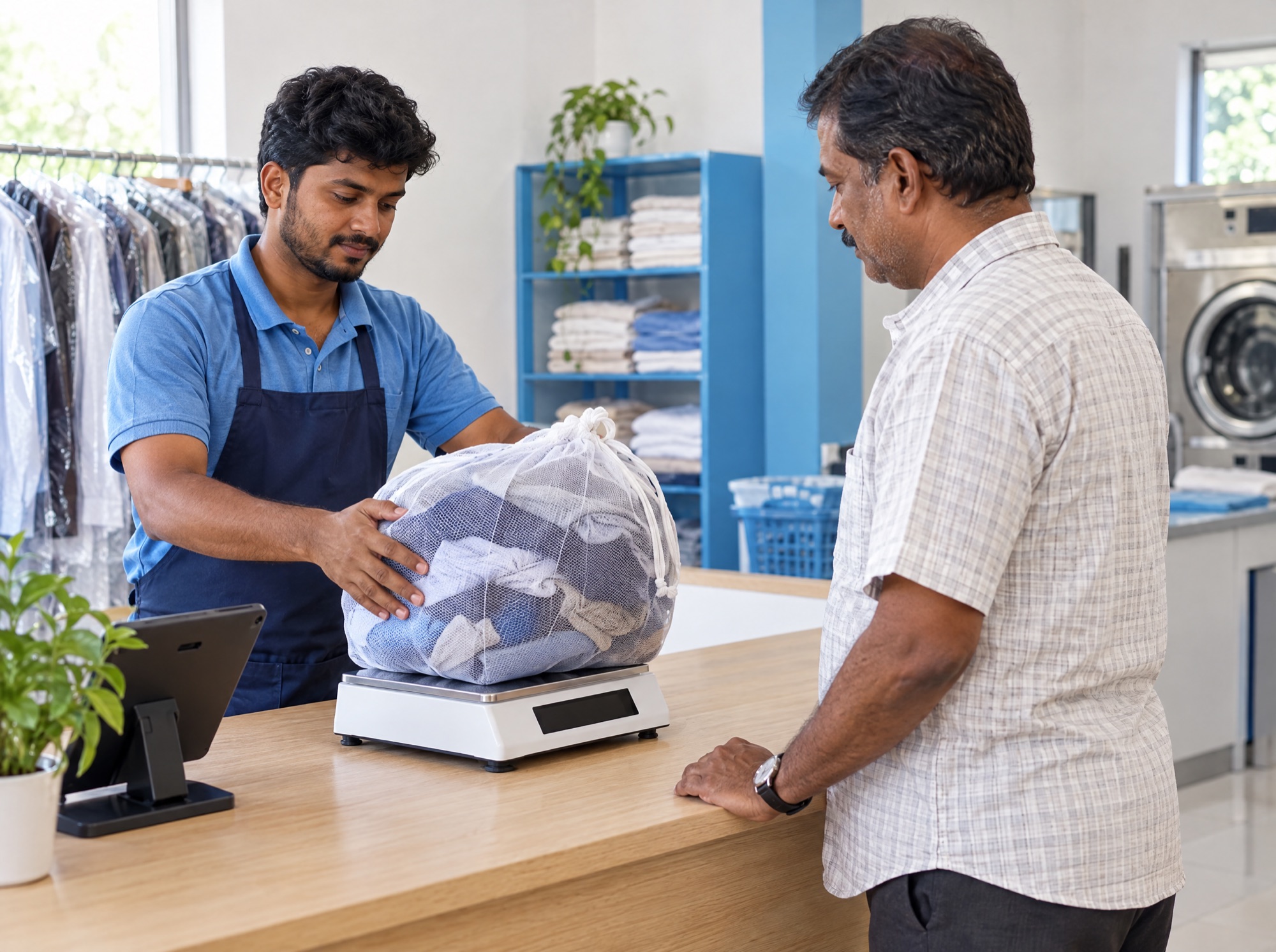 Staff weighing a customer's bag of clothes at the counter
