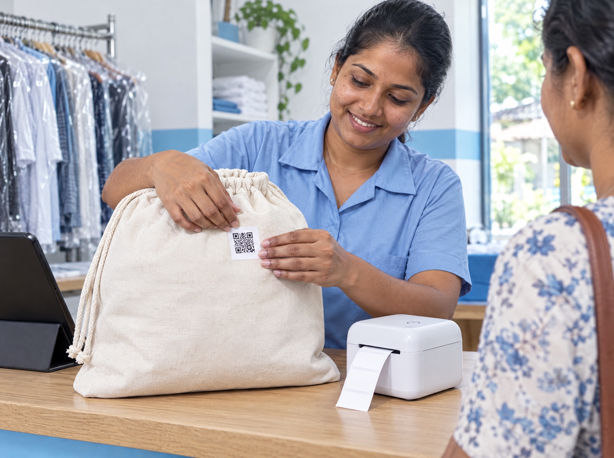 Staff sticking a printed QR label on a customer’s laundry bag