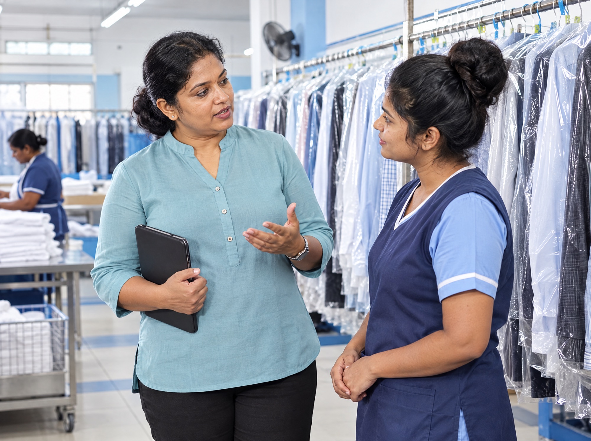 Manager of several laundry shops talking to a staff member in a back room