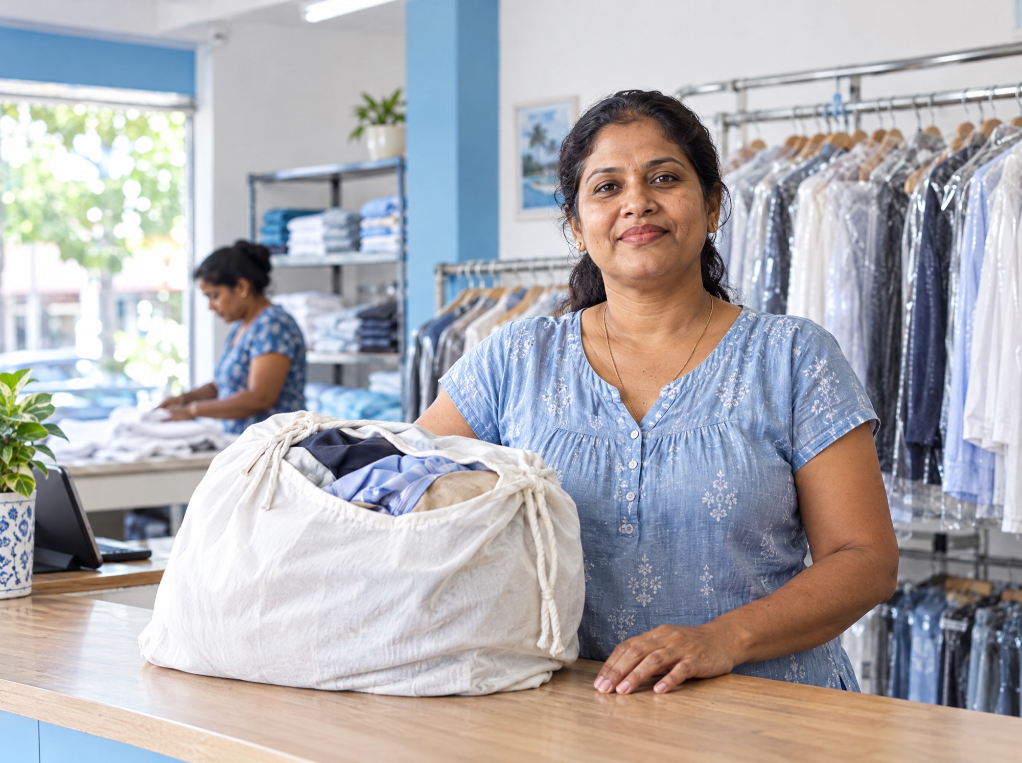 Laundry owner behind her counter with a customer's bag